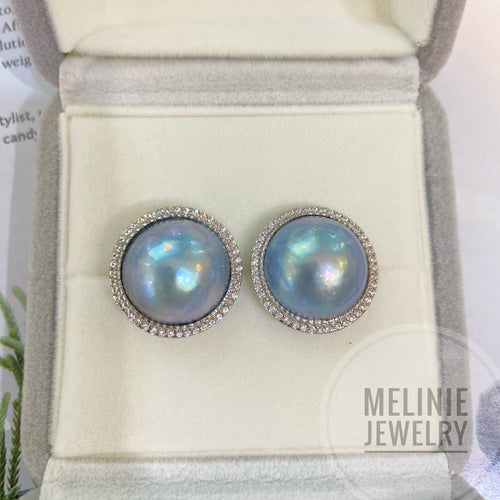 Classic Halo Setting Blue Mabe Pearl Earrings