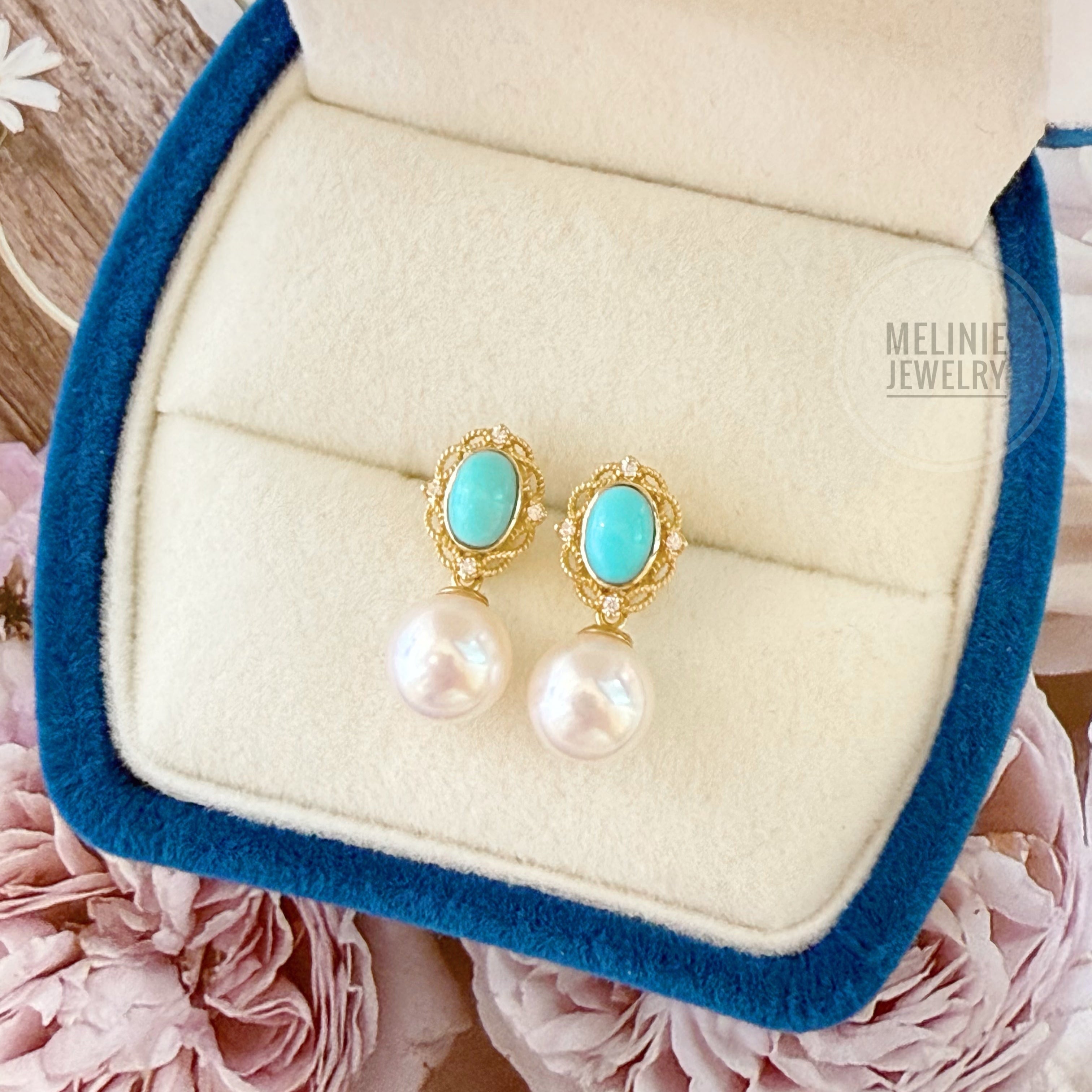 Akoya Turquoise Pearl Earrings 14K Yellow Gold Turquoise, Akoya