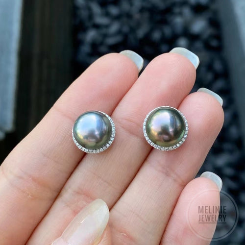 Halo Diamond Tahitian Pearls 18K Gold Earstuds