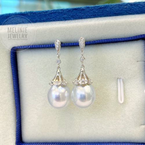 Diamond Crown South Sea Pearls 18K Earrings