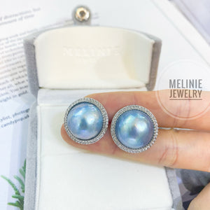 Classic Halo Setting Blue Mabe Pearl Earrings