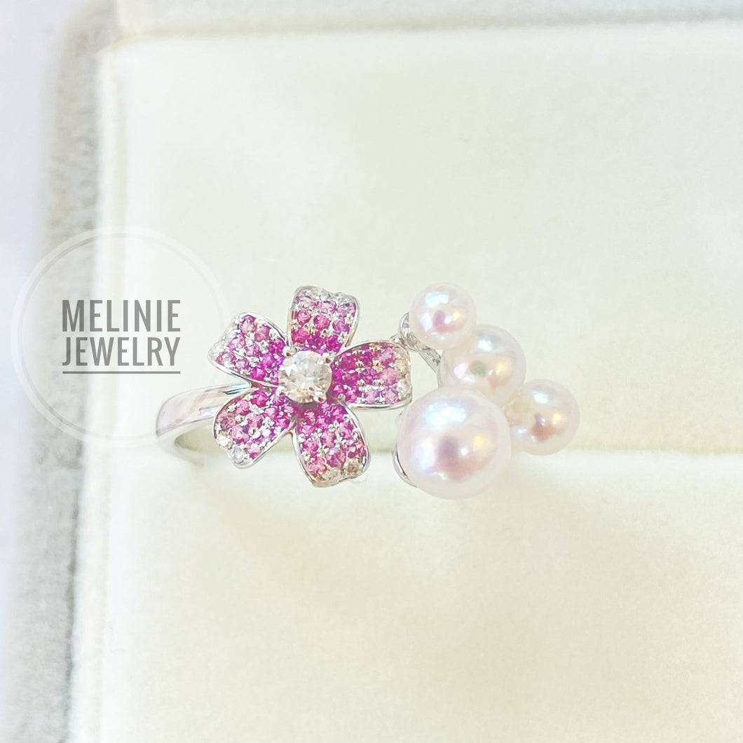 Sakura Pink Sapphire Akoya Diamond 18K Ring