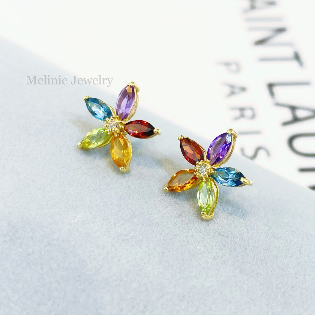 Rainbow Sapphire Floral Diamond Earrings