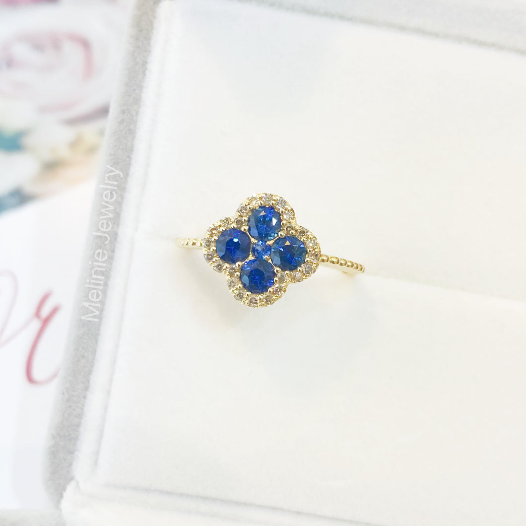 Clover Blue Sapphire Diamond 18K Ring