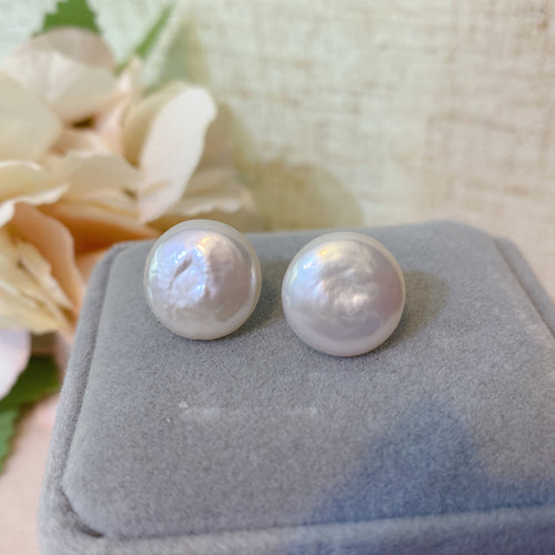 Button Shape 野生無核珍珠 14K金耳環