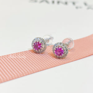 Hot Pink Ruby Round Diamond Earrings