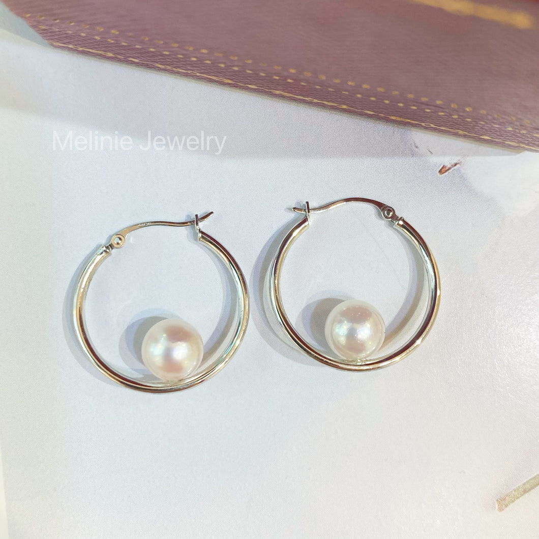Mini Plain White Gold Hoops With Akoya Pearls