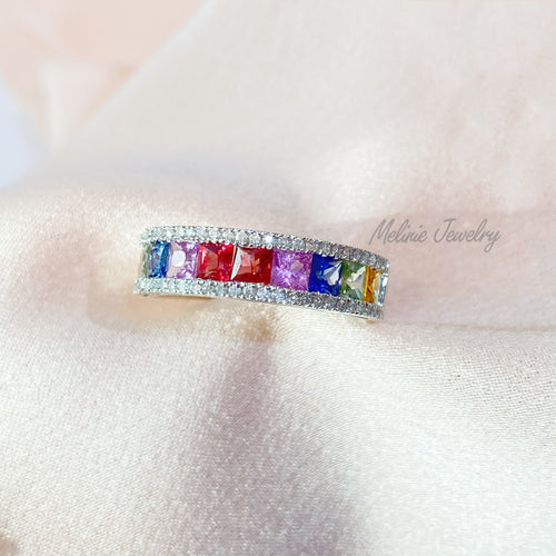 Rainbow Princess Cut Sapphire Ring